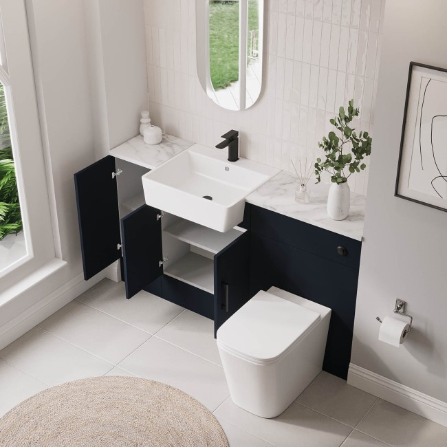 1500mm Blue Toilet and Sink Unit with Storage Unit & Black Fittings - Ontario