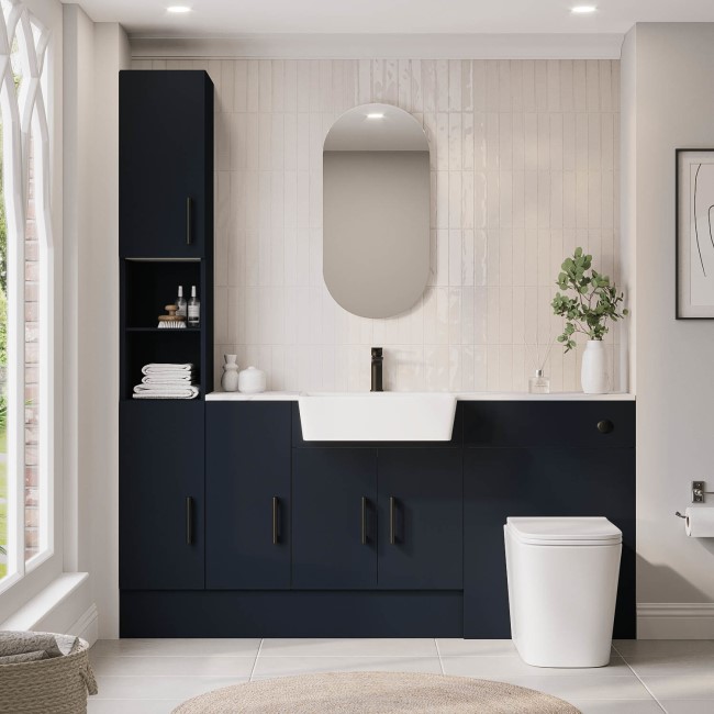 1800mm Blue Toilet and Sink Unit with Storage Units & Black Fittings - Ontario