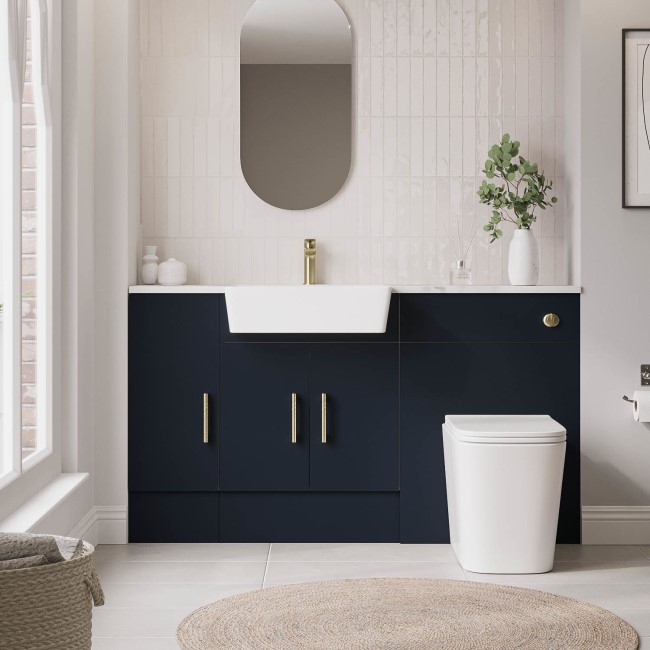 1500mm Blue Toilet and Sink Unit with Storage Unit & Brass Fittings - Ontario