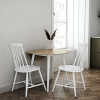 Round Oak and White Drop Leaf Dining Table with 2 White Spindle Dining Chairs Round Oak and White Drop Leaf Dining Table with 2 White Spindle Dining Chairs
