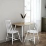 Round Oak and White Drop Leaf Dining Table with 2 White Spindle Dining Chairs