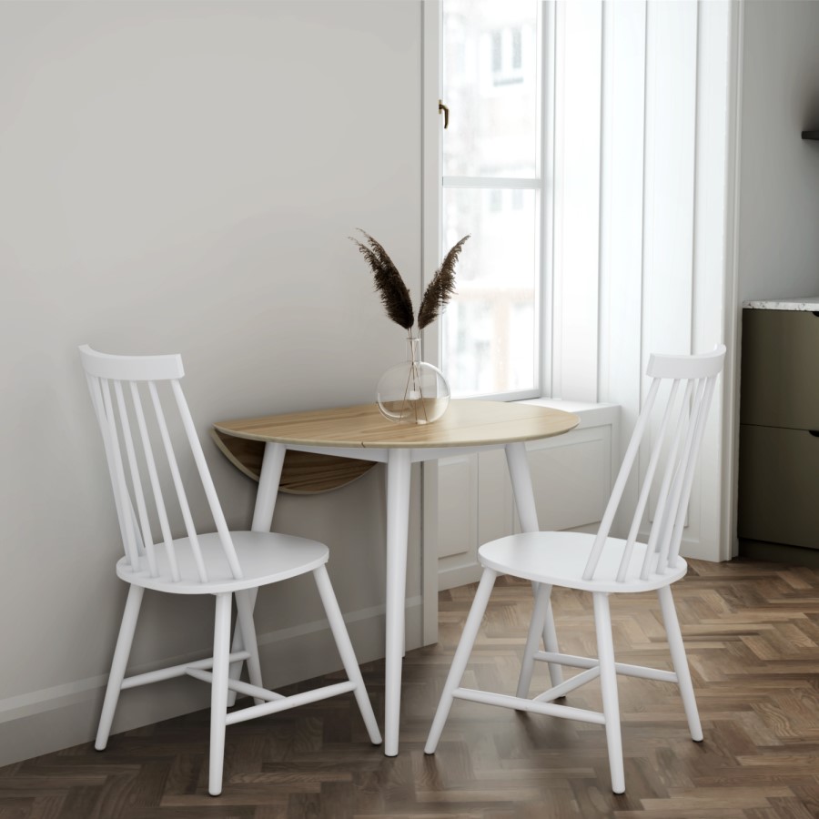 Round Oak and White Drop Leaf Dining Table with 2 White Spindle Dining Chairs