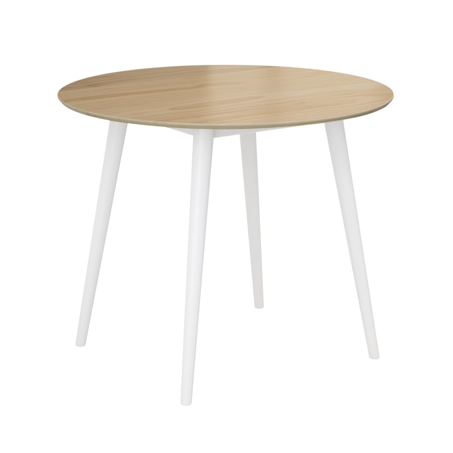 Round Oak and White Drop Leaf Dining Table with 2 White Spindle Dining Chairs