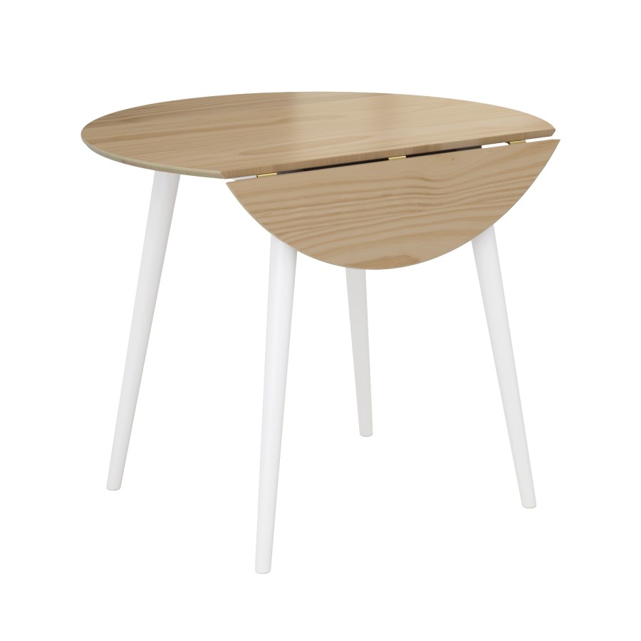 Round Oak and White Drop Leaf Dining Table with 2 White Spindle Dining Chairs