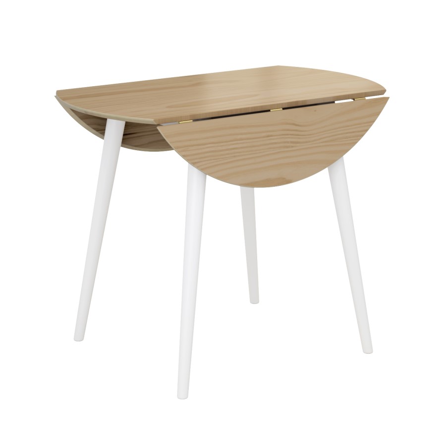 Round Oak and White Drop Leaf Dining Table with 2 White Spindle Dining Chairs