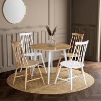 Oak Two Tone Round Drop Leaf Dining Table with 4 Wooden Spindle Dining Chairs
