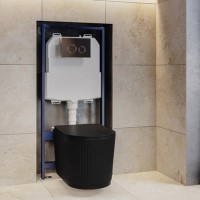 Matt Black Fluted Wall Hung Rimless Toilet with Soft Close Seat, Chrome Mechanical Flush Plate, 1168mm Frame & Cistern – Oregon