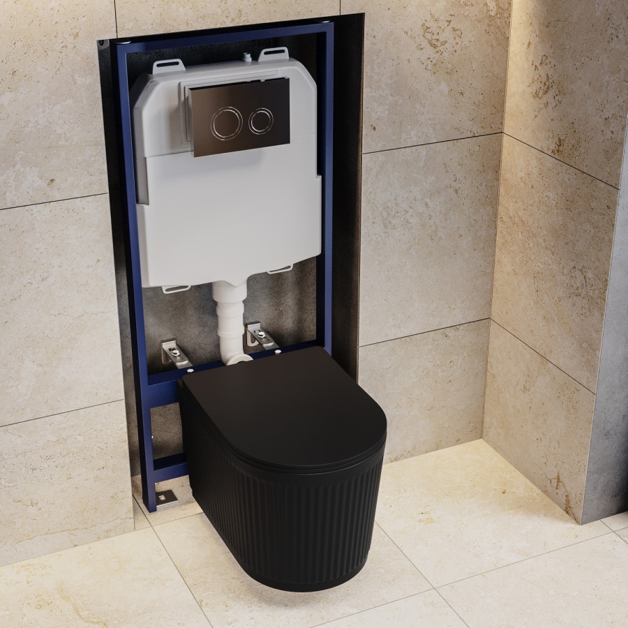 Matt Black Fluted Wall Hung Rimless Toilet with Soft Close Seat, Chrome Mechanical Flush Plate, 1168mm Frame & Cistern – Oregon