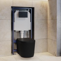 Matt Black Fluted Wall Hung Rimless Toilet with Soft Close Seat, Black Mechanical Flush Plate, 1168mm Frame & Cistern – Oregon