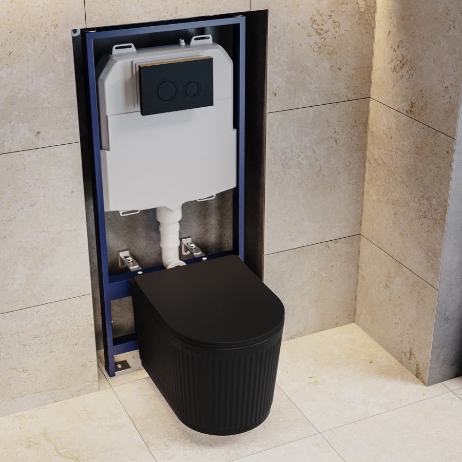 Matt Black Fluted Wall Hung Rimless Toilet with Soft Close Seat, Black Mechanical Flush Plate, 1168mm Frame & Cistern – Oregon