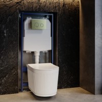 Fluted Wall Hung Rimless Toilet with Soft Close Seat, Brushed Brass Mechanical Flush Plate, 1168mm Frame & Cistern – Oregon