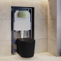 Matt Black Fluted Wall Hung Rimless Toilet with Soft Close Seat, Brushed Brass Mechanical Flush Plate, 1168mm Frame & Cistern – Oregon