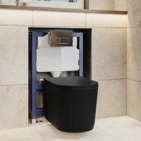 Matt Black Fluted Wall Hung Rimless Toilet with Soft Close Seat, Chrome Pneumatic Flush Plate, 820mm Frame & Cistern – Oregon