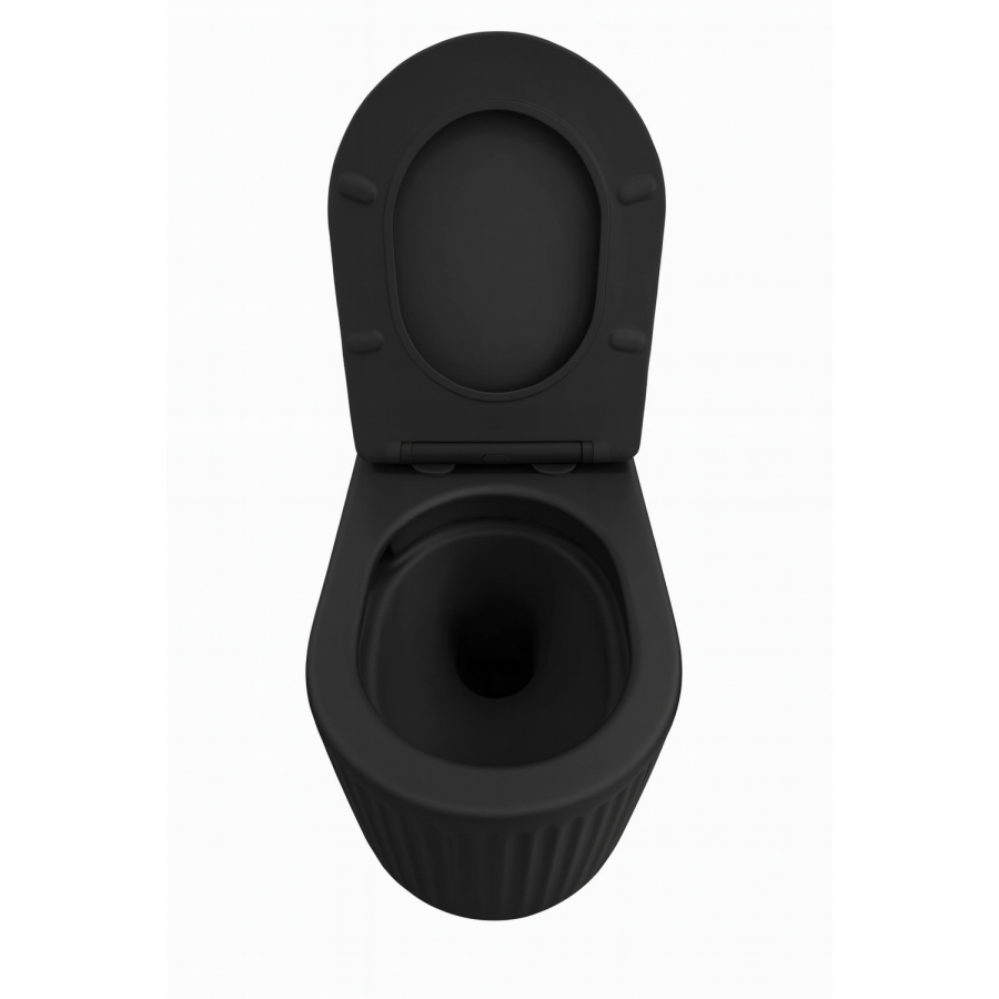 Matt Black Fluted Wall Hung Rimless Toilet with Soft Close Seat, Chrome Pneumatic Flush Plate, 820mm Frame & Cistern – Oregon