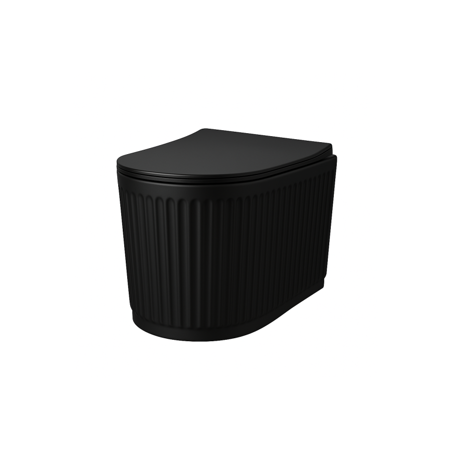 Matt Black Fluted Wall Hung Rimless Toilet with Soft Close Seat, Matt Black Pneumatic Flush Plate, 820mm Frame & Cistern – Oregon