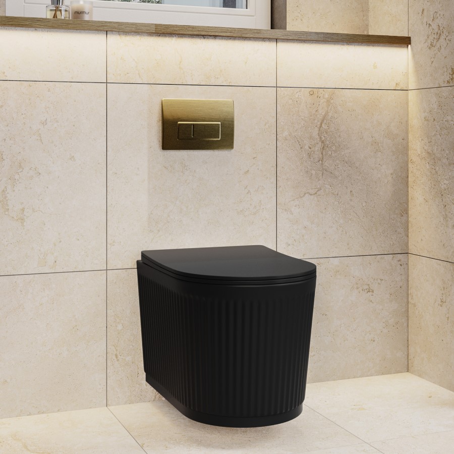 Matt Black Fluted Wall Hung Rimless Toilet with Soft Close Seat, Brushed Brass Pneumatic Flush Plate, 820mm Frame & Cistern – Oregon