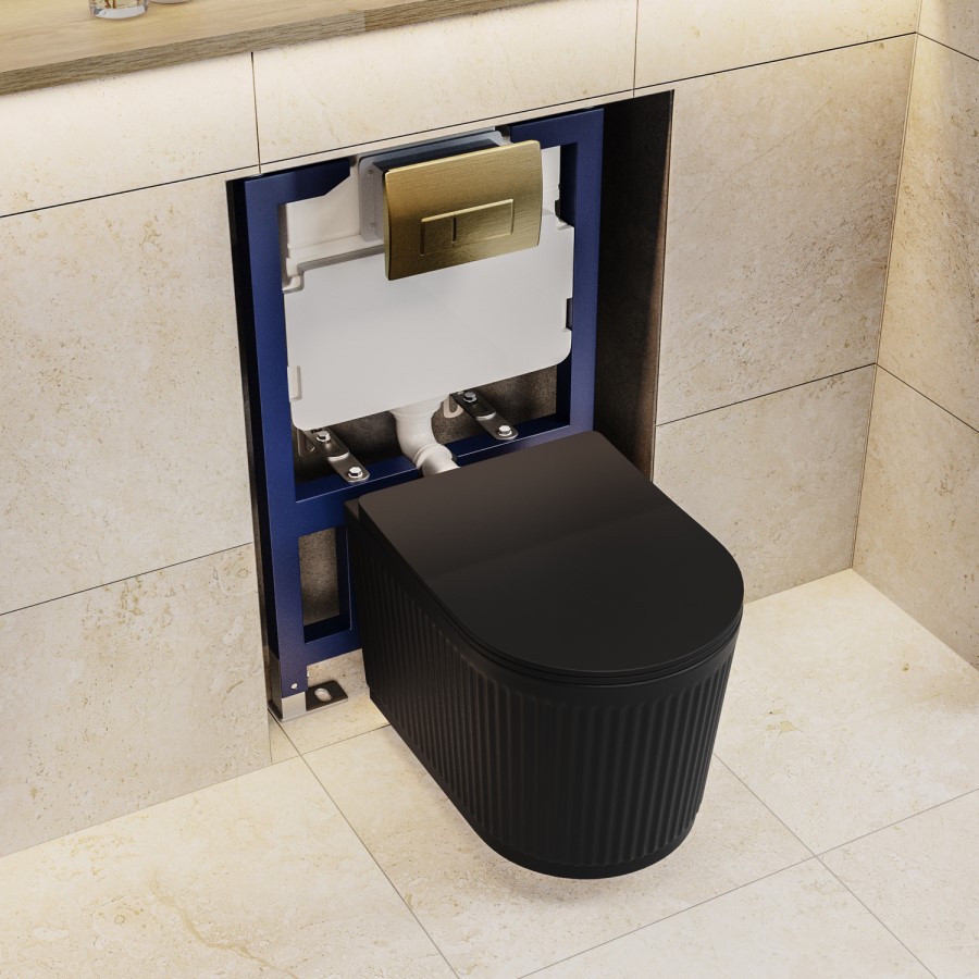 Matt Black Fluted Wall Hung Rimless Toilet with Soft Close Seat, Brushed Brass Pneumatic Flush Plate, 820mm Frame & Cistern – Oregon