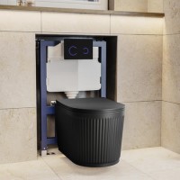 Matt Black Fluted Wall Hung Rimless Toilet with Soft Close Seat, Black Glass Sensor Flush Plate, 820mm Frame & Cistern – Oregon