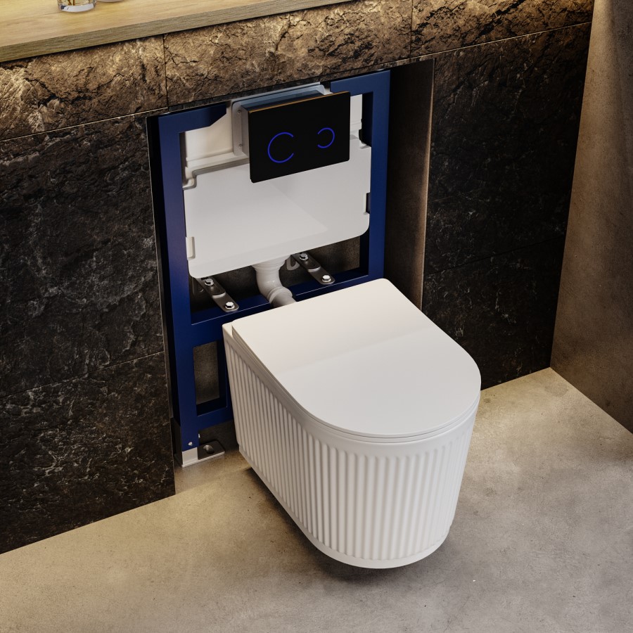 Fluted Wall Hung Rimless Toilet with Soft Close Seat, Black Glass Sensor Flush Plate, 820mm Frame & Cistern – Oregon