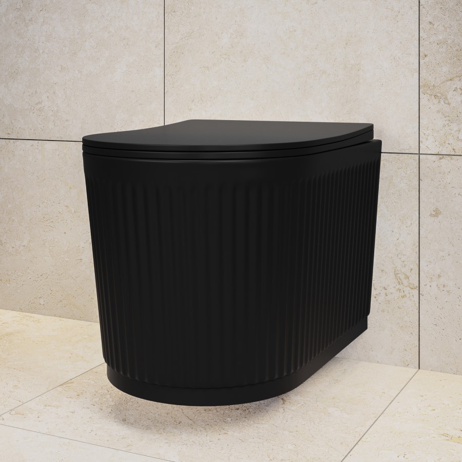 Matt Black Fluted Wall Hung Rimless Toilet with Soft Close Seat, Black Glass Sensor Flush Plate, 820mm Frame & Cistern – Oregon