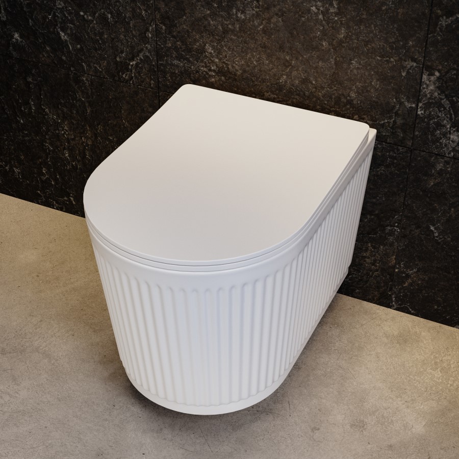 Fluted Wall Hung Rimless Toilet with Soft Close Seat, Black Glass Sensor Flush Plate, 820mm Frame & Cistern – Oregon