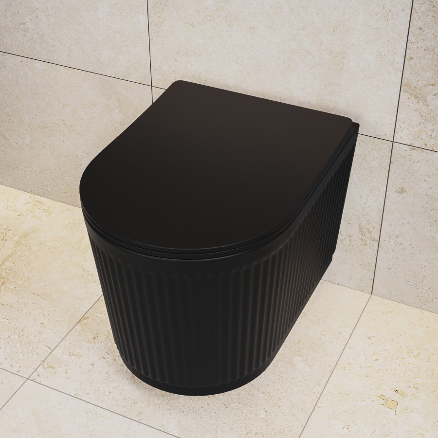 Matt Black Fluted Wall Hung Rimless Toilet with Soft Close Seat, Black Glass Sensor Flush Plate, 820mm Frame & Cistern – Oregon