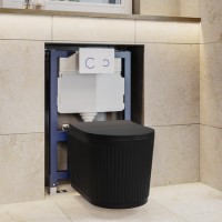 Matt Black Fluted Wall Hung Rimless Toilet with Soft Close Seat, White Glass Sensor Flush Plate, 820mm Frame & Cistern – Oregon