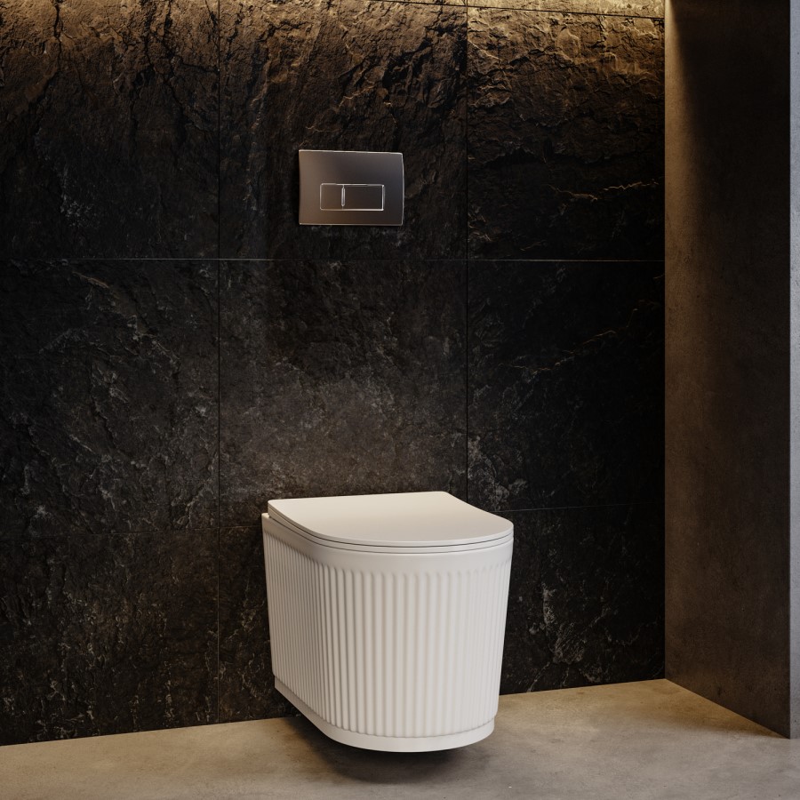 Fluted Wall Hung Rimless Toilet with Soft Close Seat, Chrome Pneumatic Flush Plate, 1168mm Frame & Cistern – Oregon