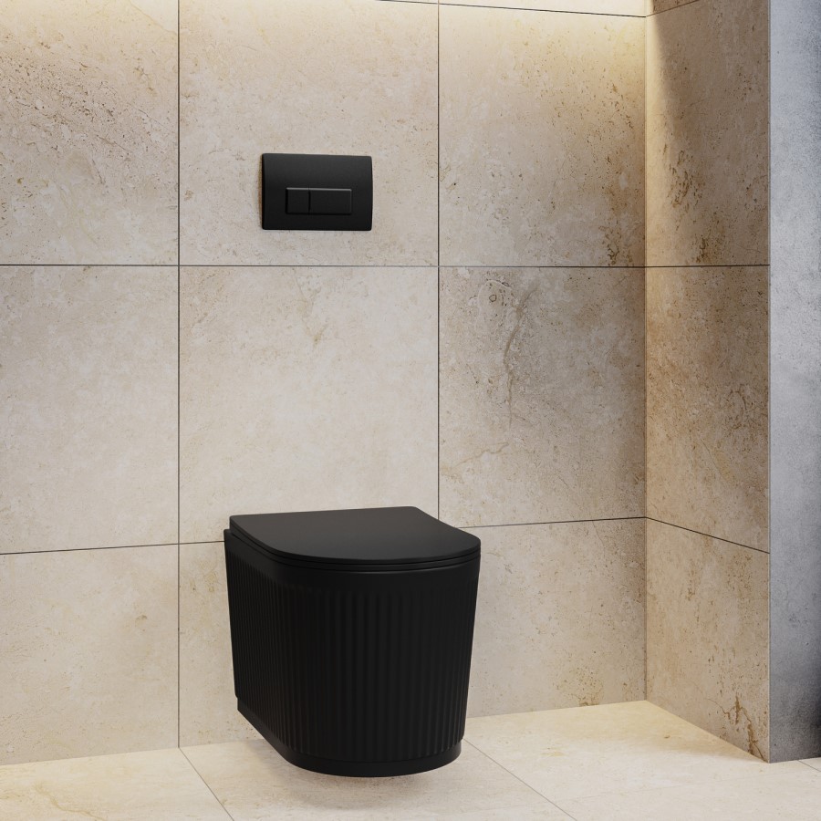 Matt Black Fluted Wall Hung Rimless Toilet with Soft Close Seat, Matt Black Pneumatic Flush Plate, 1168mm Frame & Cistern – Oregon