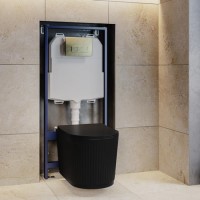 Matt Black Fluted Wall Hung Rimless Toilet with Soft Close Seat, Brushed Brass Pneumatic Flush Plate, 1168mm Frame & Cistern – Oregon