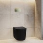 Matt Black Fluted Wall Hung Rimless Toilet with Soft Close Seat, Brushed Brass Pneumatic Flush Plate, 1168mm Frame & Cistern – Oregon