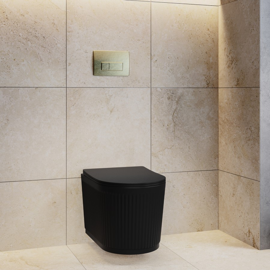Matt Black Fluted Wall Hung Rimless Toilet with Soft Close Seat, Brushed Brass Pneumatic Flush Plate, 1168mm Frame & Cistern – Oregon