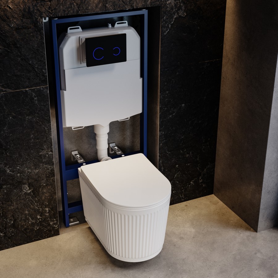 Fluted Wall Hung Rimless Toilet with Soft Close Seat, Black Glass Sensor Flush Plate, 1168mm Frame & Cistern – Oregon