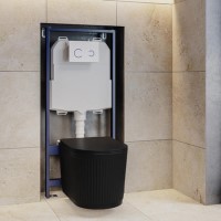 Matt Black Fluted Wall Hung Rimless Toilet with Soft Close Seat, White Glass Sensor Flush Plate, 1168mm Frame & Cistern – Oregon