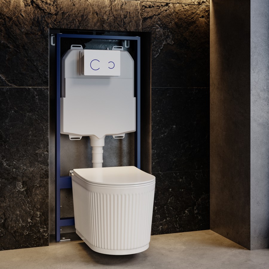 Fluted Wall Hung Rimless Toilet with Soft Close Seat, White Glass Sensor Flush Plate, 1168mm Frame & Cistern – Oregon