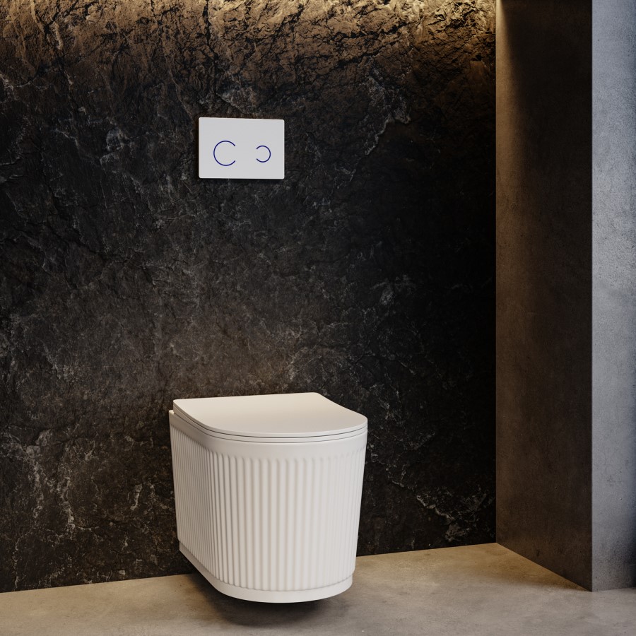 Fluted Wall Hung Rimless Toilet with Soft Close Seat, White Glass Sensor Flush Plate, 1168mm Frame & Cistern – Oregon