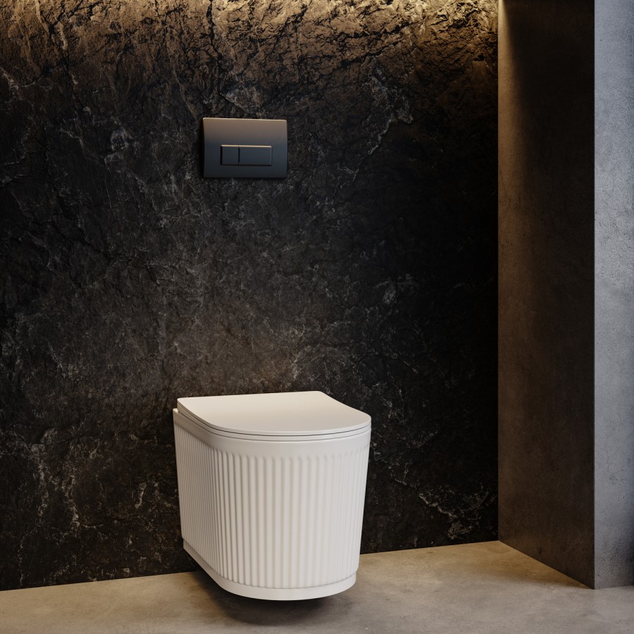 Fluted Wall Hung Rimless Toilet with Soft Close Seat, Matt Black Pneumatic Flush Plate, 1168mm Frame & Cistern – Oregon