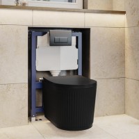 Matt Black Fluted Wall Hung Rimless Toilet with Soft Close Seat, Gunmetal Pneumatic Flush Plate, 820mm Frame & Cistern – Oregon
