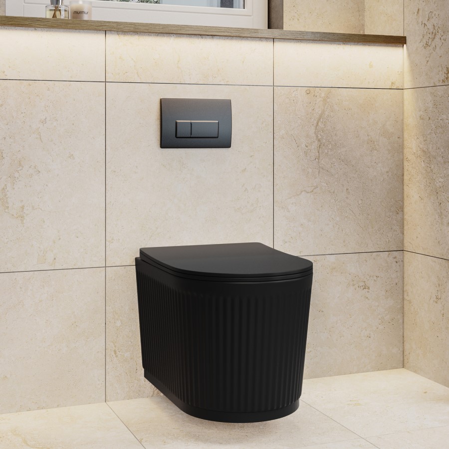 Matt Black Fluted Wall Hung Rimless Toilet with Soft Close Seat, Gunmetal Pneumatic Flush Plate, 820mm Frame & Cistern – Oregon