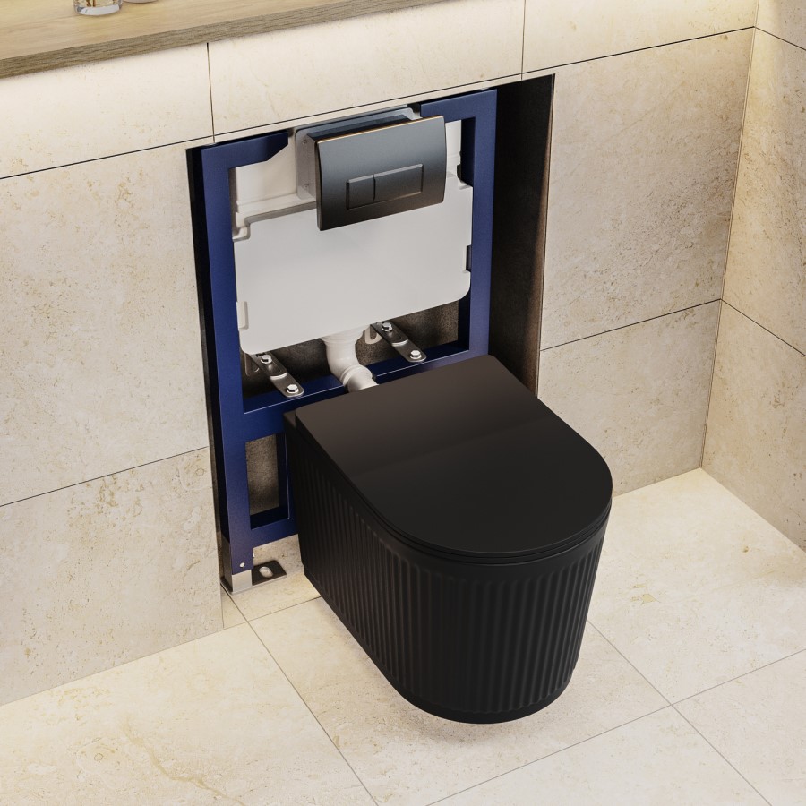 Matt Black Fluted Wall Hung Rimless Toilet with Soft Close Seat, Gunmetal Pneumatic Flush Plate, 820mm Frame & Cistern – Oregon