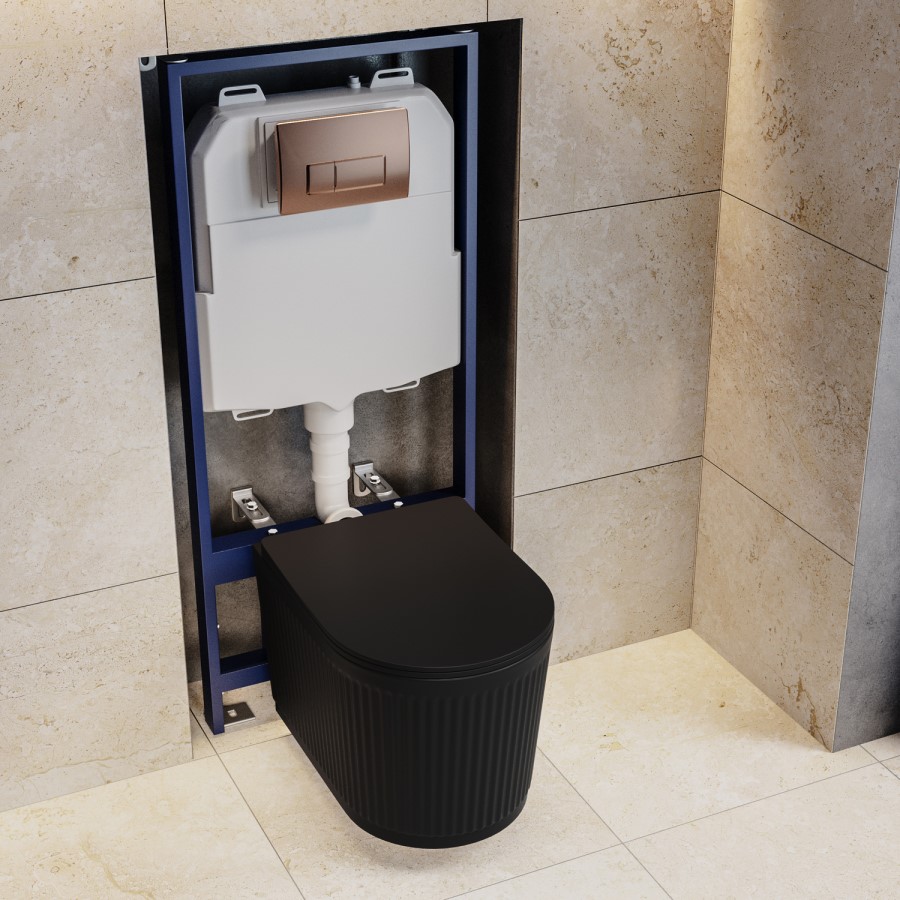 Matt Black Fluted Wall Hung Rimless Toilet with Soft Close Seat, Brushed Bronze Pneumatic Flush Plate, 1168mm Frame & Cistern – Oregon