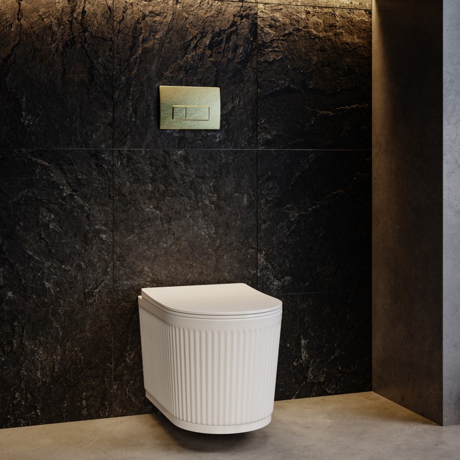 Fluted Wall Hung Rimless Toilet with Soft Close Seat, Brushed Brass Pneumatic Flush Plate, 1168mm Frame & Cistern – Oregon