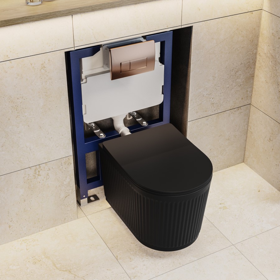 Matt Black Fluted Wall Hung Rimless Toilet with Soft Close Seat, Brushed Bronze Pneumatic Flush Plate, 820mm Frame & Cistern – Oregon