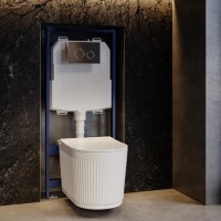 Fluted Wall Hung Rimless Toilet with Soft Close Seat, Chrome Mechanical Flush Plate, 1168mm Frame & Cistern – Oregon