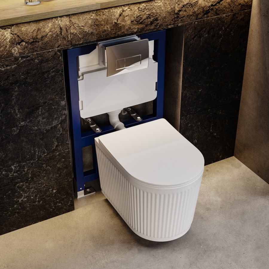 Fluted Wall Hung Toilet with Soft Close Seat, Chrome Pneumatic Flush Plate, 820mm Frame & Cistern - Oregon