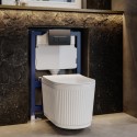 BUN/ORMWWHPAN/96999 Fluted Wall Hung Rimless Toilet with Soft Close Seat, Matt Black Pneumatic Flush Plate, 820mm Frame & Cistern – Oregon