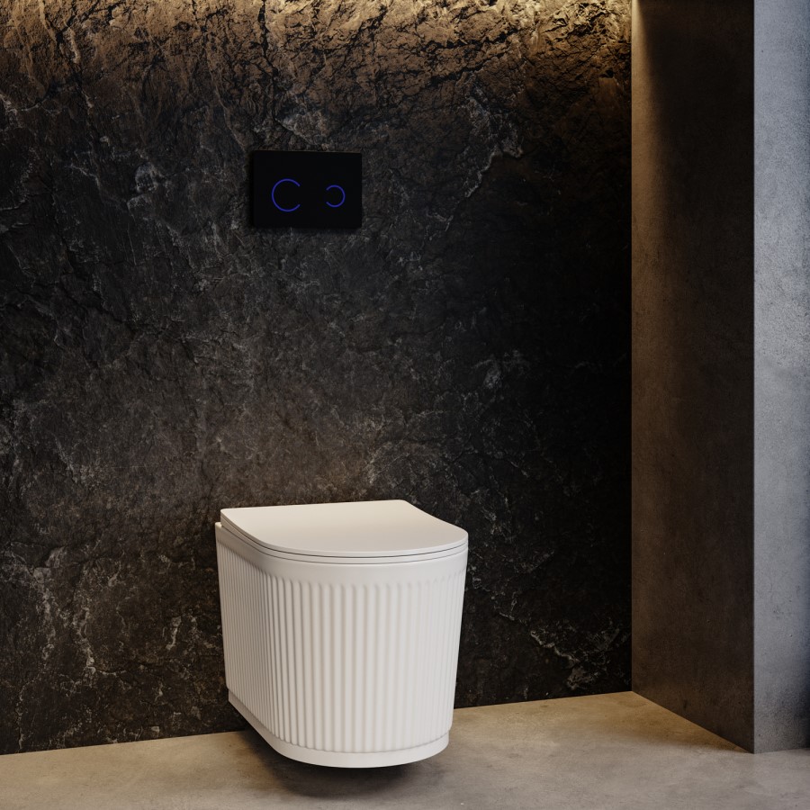 Fluted Wall Hung Toilet with Soft Close Seat, Black Glass Sensor Flush Plate, 1160mm Frame & Cistern - Oregon