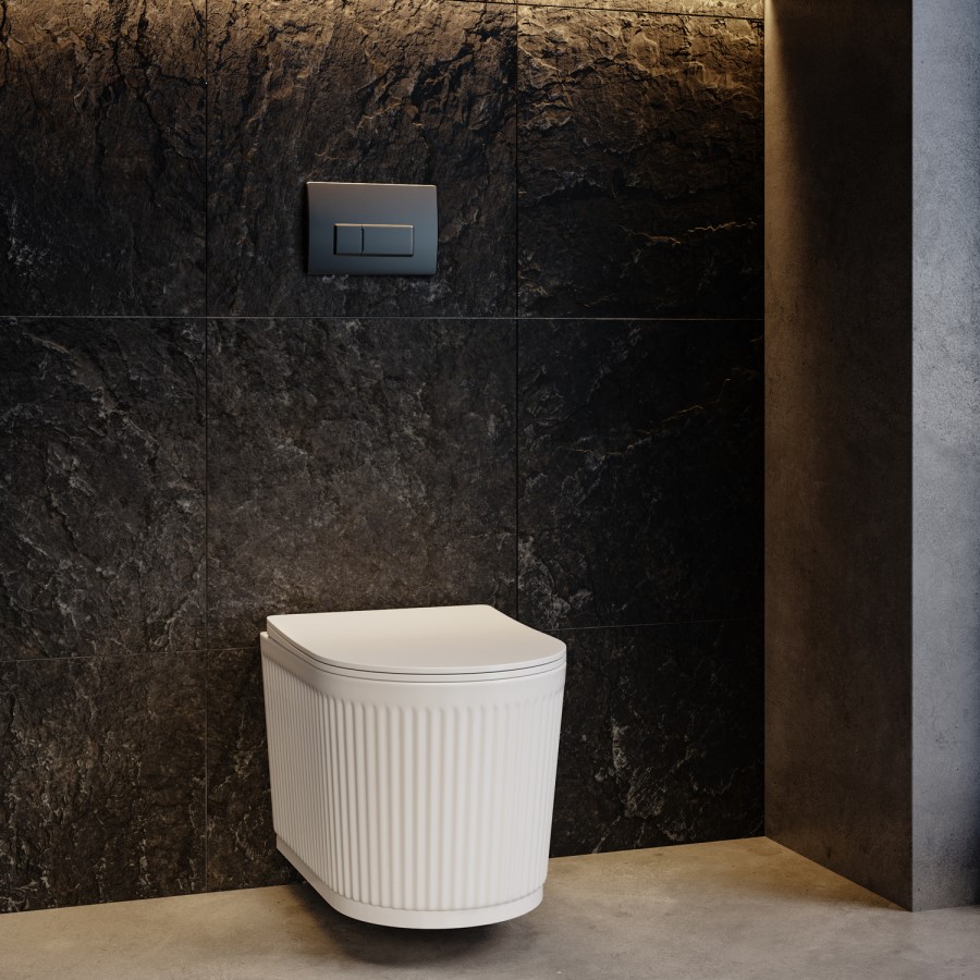 Fluted Wall Hung Rimless Toilet with Soft Close Seat, Gunmetal Pneumatic Flush Plate, 1168mm Frame & Cistern – Oregon