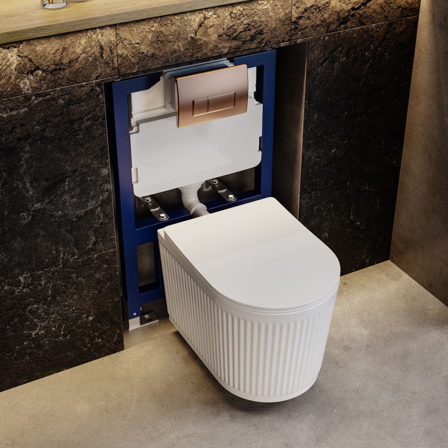 Fluted Wall Hung Rimless Toilet with Soft Close Seat, Brushed Bronze Pneumatic Flush Plate, 820mm Frame & Cistern – Oregon