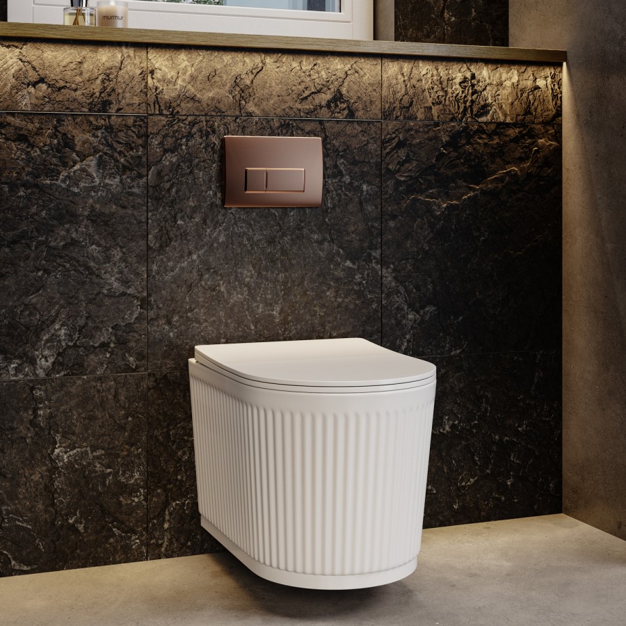 Fluted Wall Hung Rimless Toilet with Soft Close Seat, Brushed Bronze Pneumatic Flush Plate, 820mm Frame & Cistern – Oregon